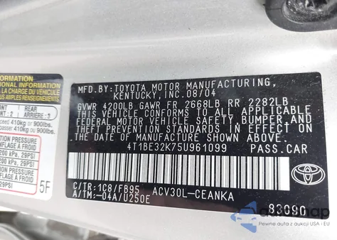 2005 Toyota Camry Le from USA, damaged, VIN 4T1BE32K75U961099